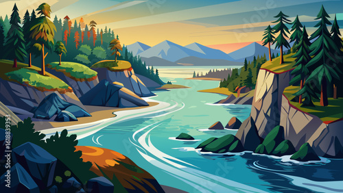 In a view of Nimpkish River on Vancouver Island leading into the ocean; Vancouver Island, British Columbia, Canada, soft light reflects off ripples. Semi-realistic details show nature’s harmony and co
