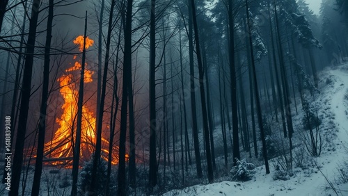 Waldbrand im Winter. Flammen lodern zwischen schneebedeckten Bäumen – kontrastreich und dramatisch.
