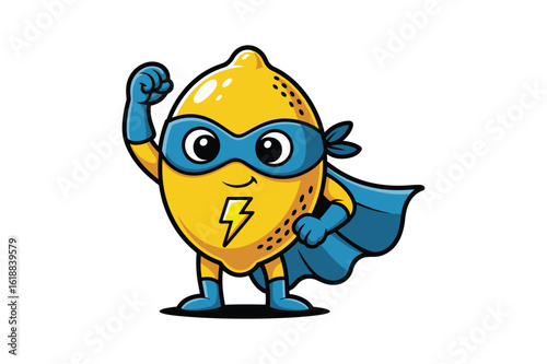 Yellow lemon superhero with blue cape and mask fruit character