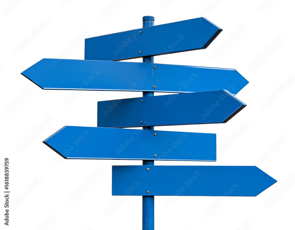 Blank Blue Directional Signpost with Multiple Arrows, Slightly Angled, Isolated on Transparent Background Blank Blue Directional Signpost with Multiple Arrows, Slightly Angled, Isolated on Transparent Background