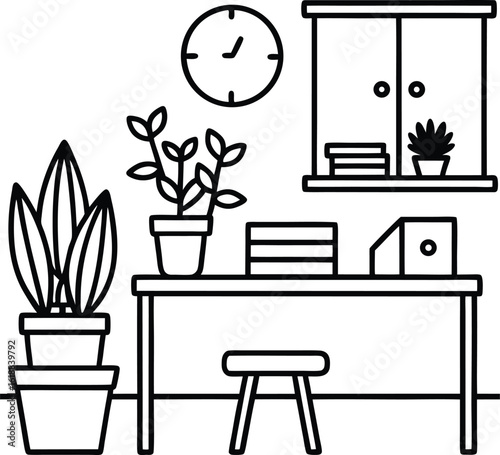classroom with teachers desk plants and clock