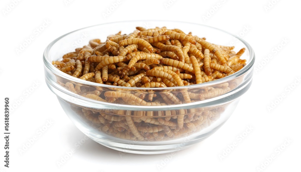 Dried mealworms in glass bowl Dried mealworms in glass bowl