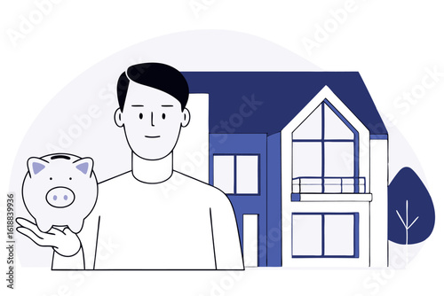Man with piggy bank near house, vector illustration of savings goal concept, real estate