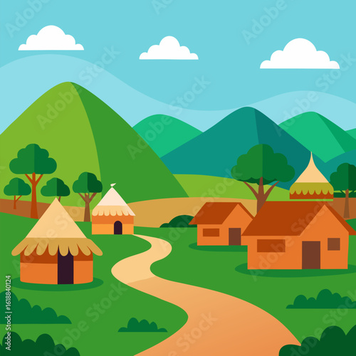 Countryside beautiful African village vector landscape green natural background.