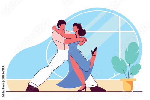 Stylized vector art of man and woman performing argentine tango with leg wraps and sharp poses