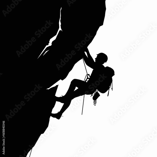 Climber Silhouette on Rock Face Against White Background