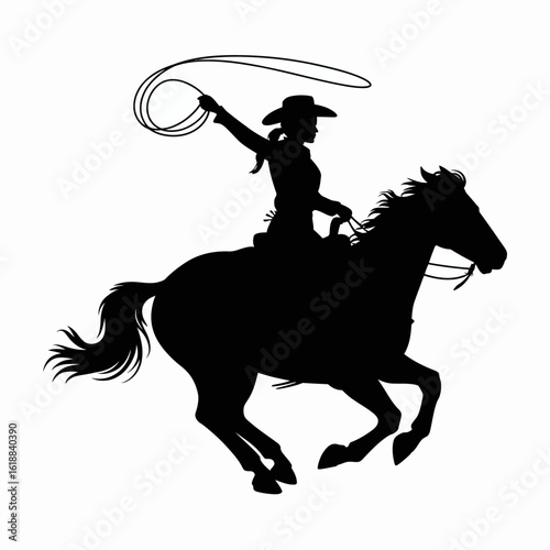 Cowgirl Silhouette Riding Horse with Lasso