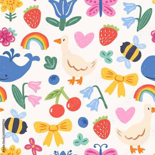 Crayon drawn kid doodle cute seamless pattern. Adorable childish drawings colorful elements. Cute goose, whale, flower, butterfly, cherry, heart, strawberry, bee. Naive girly vector print.