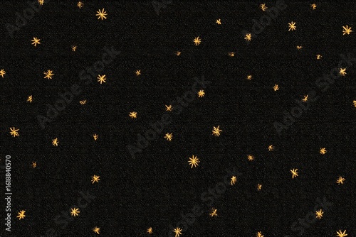 Seamless dark fabric texture with scattered golden embroidered stars creating a celestial night sky effect