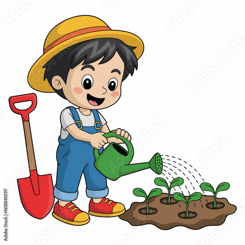 Gardening Boy Watering Plants Illustration