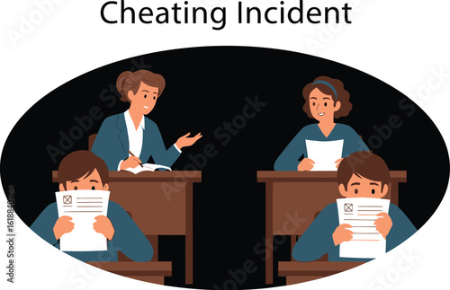 Serious Students in Classroom Featuring Teacher Supervising Exam and Students Cheating on Test, Illustrating Academic Dishonesty and Ethical Dilemmas