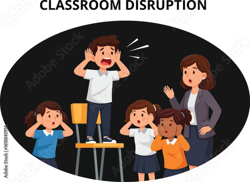 Chaotic Students Featuring a Teacher in a Classroom Setting with a Boy Standing on a Chair and Covering his Ears, While Other Students Cover Their Ears