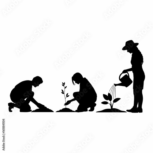 Planting and Nurturing Plants Silhouette Illustration
