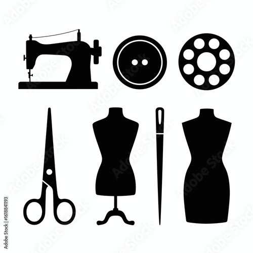 Sewing Tools and Equipment Icons in Black Silhouette Design