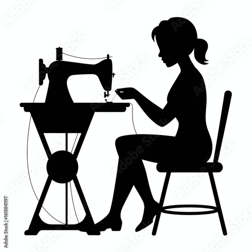 Sewing Woman Silhouette at Vintage Sewing Machine