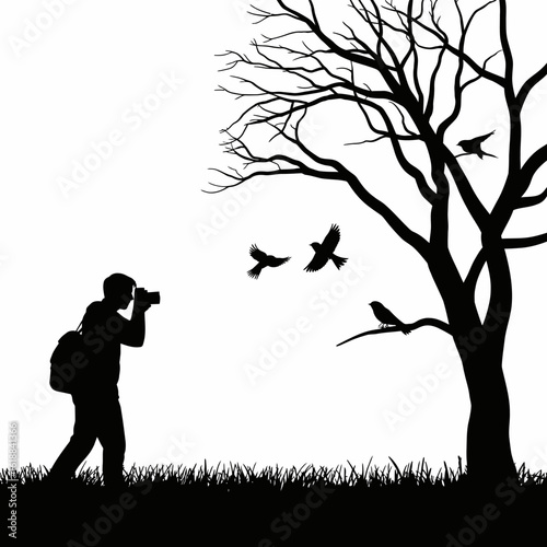 Silhouette of Photographer Capturing Birds in Nature