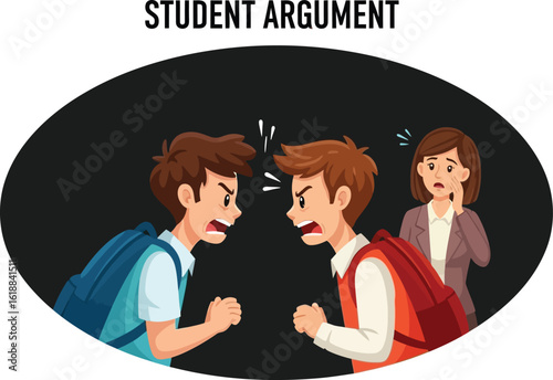 Intense Students Conflict Featuring Angry Boys Arguing in a School Setting with a Worried Teacher, Depicting Bullying and Educational Challenges
