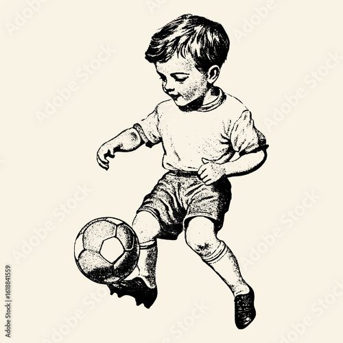 Vintage illustration of a young boy playing with a soccer ball. Retro character engaged in sport and play. Nostalgic image of an active childhood.