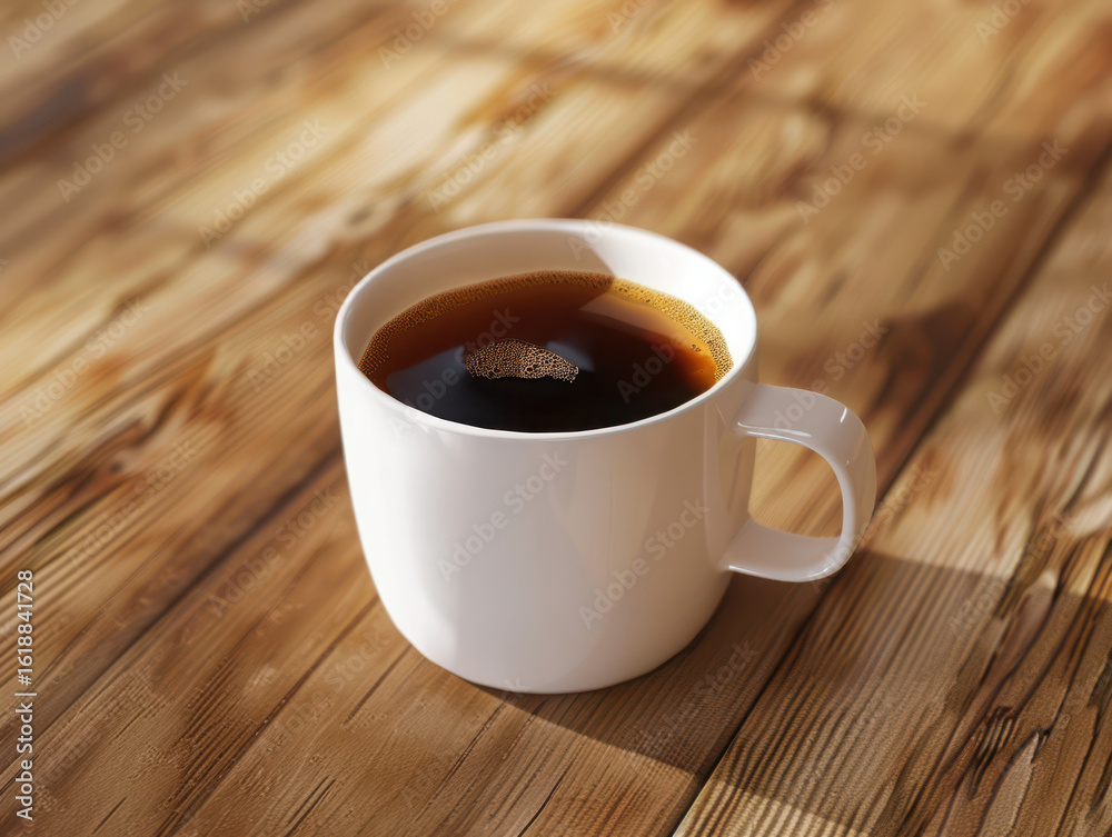 Obraz premium A white mug filled with dark drink on a wooden surface under bright lighting in a close up view