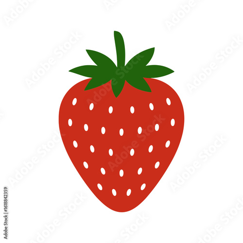Bright red strawberry with green leaves and white seeds