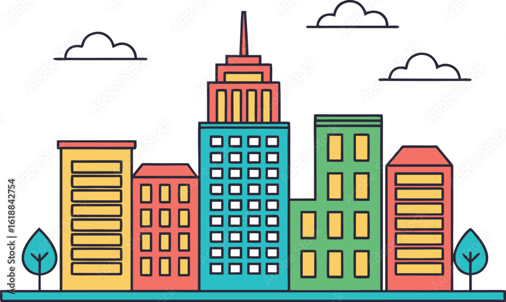 Fototapeta premium Colorful cartoon city skyline with buildings and trees illustration