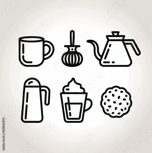 Cozy Drinkware and Brewing Tools Icon Pack Coffee Mug, Tea Infuser, Pour-Over Kettle, Thermos Flask, Foam Art, and Biscuit