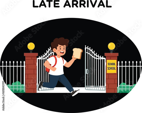 Energetic Student Running Late Featuring a School Gate and a Slice of Bread in a Hurry for Education and Learning