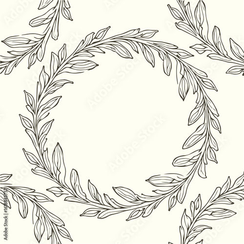 Vintage vector illustration of a laurel wreath on white, featuring a seamless floral pattern of olive branches and leaves, perfect for decorative design elements