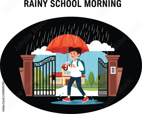 Cheerful Students Featuring Rainy Weather, Walking to School with Umbrella, Passing Through Gate on a Wet Day
