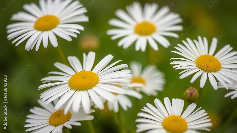 Fototapeta premium Close-up of fresh daisies with a soft green backdrop, natural light enhancing their delicate beauty.