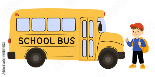 Back to school illustration with yellow school bus and smiling happy schoolboy in a red cap and backpack giving thumbs up beside a classic yellow school bus. Perfect for back to school graphics.