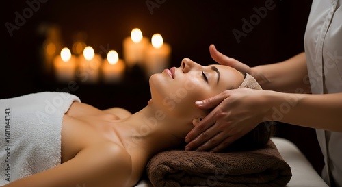 Woman enjoying relaxing face massage at spa with candles