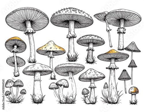 Detailed line drawings of various mushrooms