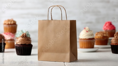 Brown Paper Bag Mockup with Cupcakes on White Table