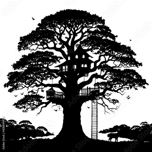 Vector silhouette of a fairytale treehouse built into a giant oak tree at dusk