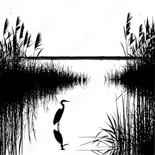 Vector silhouette of marshland with reeds and a heron on still water at sunrise
