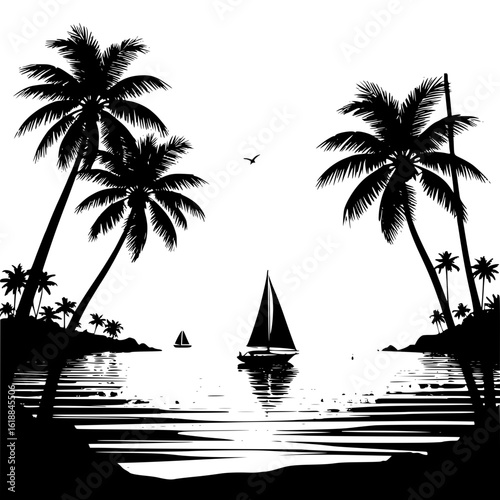 
Vector silhouette of a beach scene with coconut palms and a sailboat on the horizon at dusk