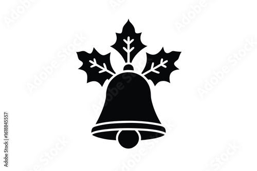 christmas bell vector icon with holly leaves