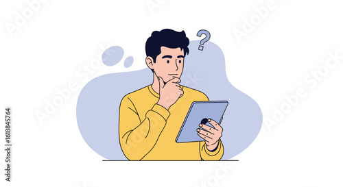 Man thoughtfully considering a tablet device with a question mark above his head illustrating confusion or contemplation