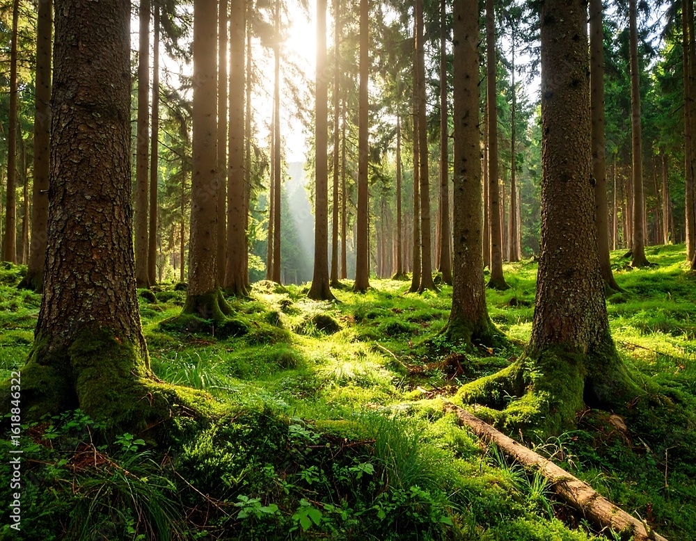 Obraz premium Sunlight streams through a dense forest
