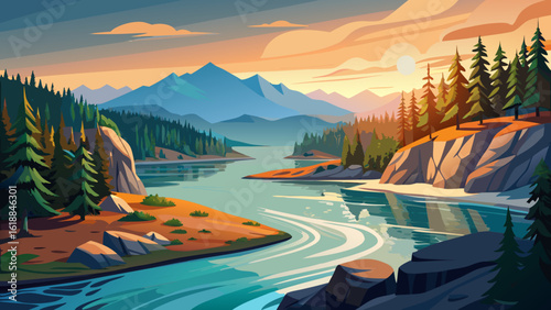 In a view of Nimpkish River on Vancouver Island leading into the ocean; Vancouver Island, British Columbia, Canada, soft light reflects off ripples. Semi-realistic details show nature’s harmony and co