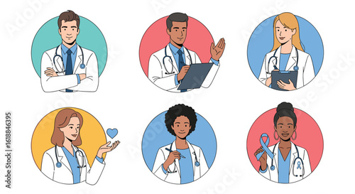 Diverse group of medical professionals wearing white coats and stethoscopes holding medical equipment offering health services