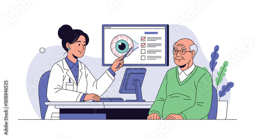 Ophthalmologist discusses eye health and vision care with elderly patient during medical examination