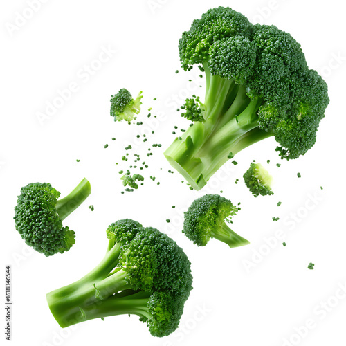 Fresh green broccoli florets flying isolated on a transparent background
