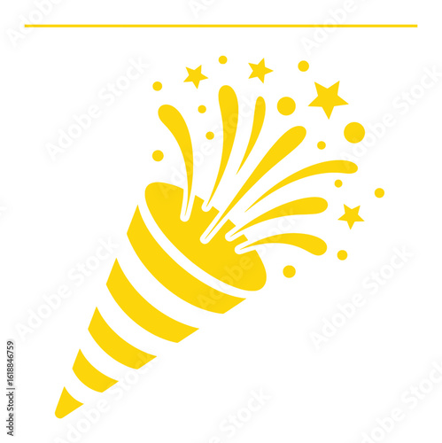 Yellow party popper exploding with stars and confetti explosion