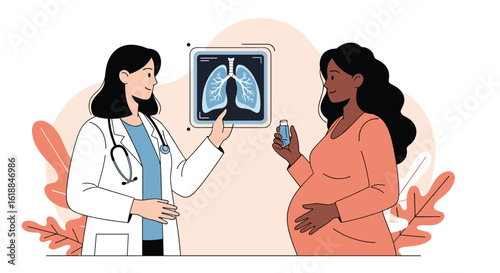 Doctor discusses lung health with pregnant woman examining x-ray image of lungs showing healthy respiratory system for expectant mother medical consultation