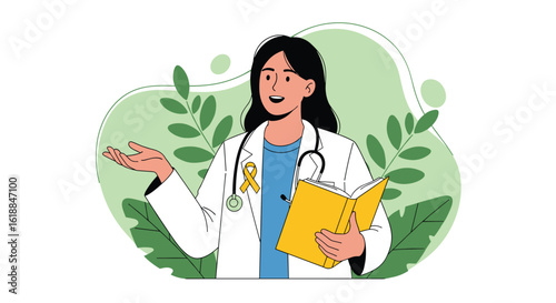 A kind doctor explains medical information holding a yellow book in a green natural environment surrounded by leaves and abstract shapes