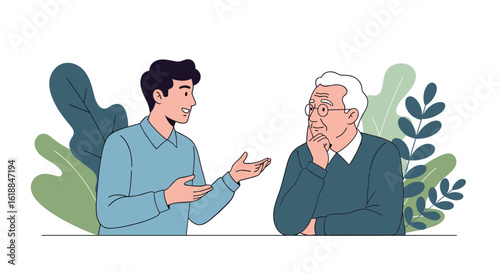 Young man explains something to an older man who seems distressed or concerned about the conversation