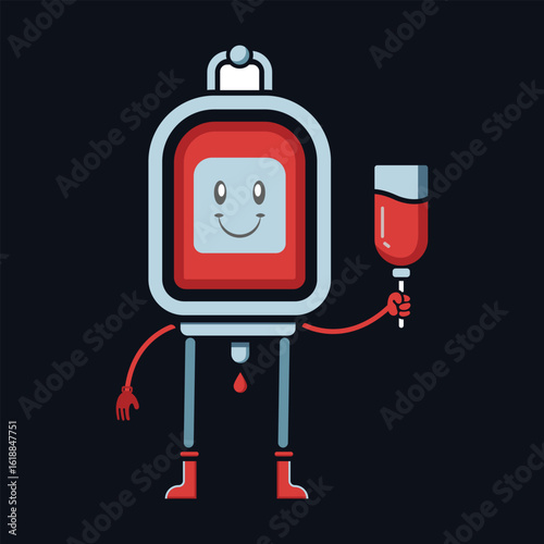 Cute Blood Bag Character Holding Syringe – Medical Donation Cartoon Vector
