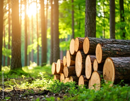 Sunlight streams through a forest, highlighting a stack of logs